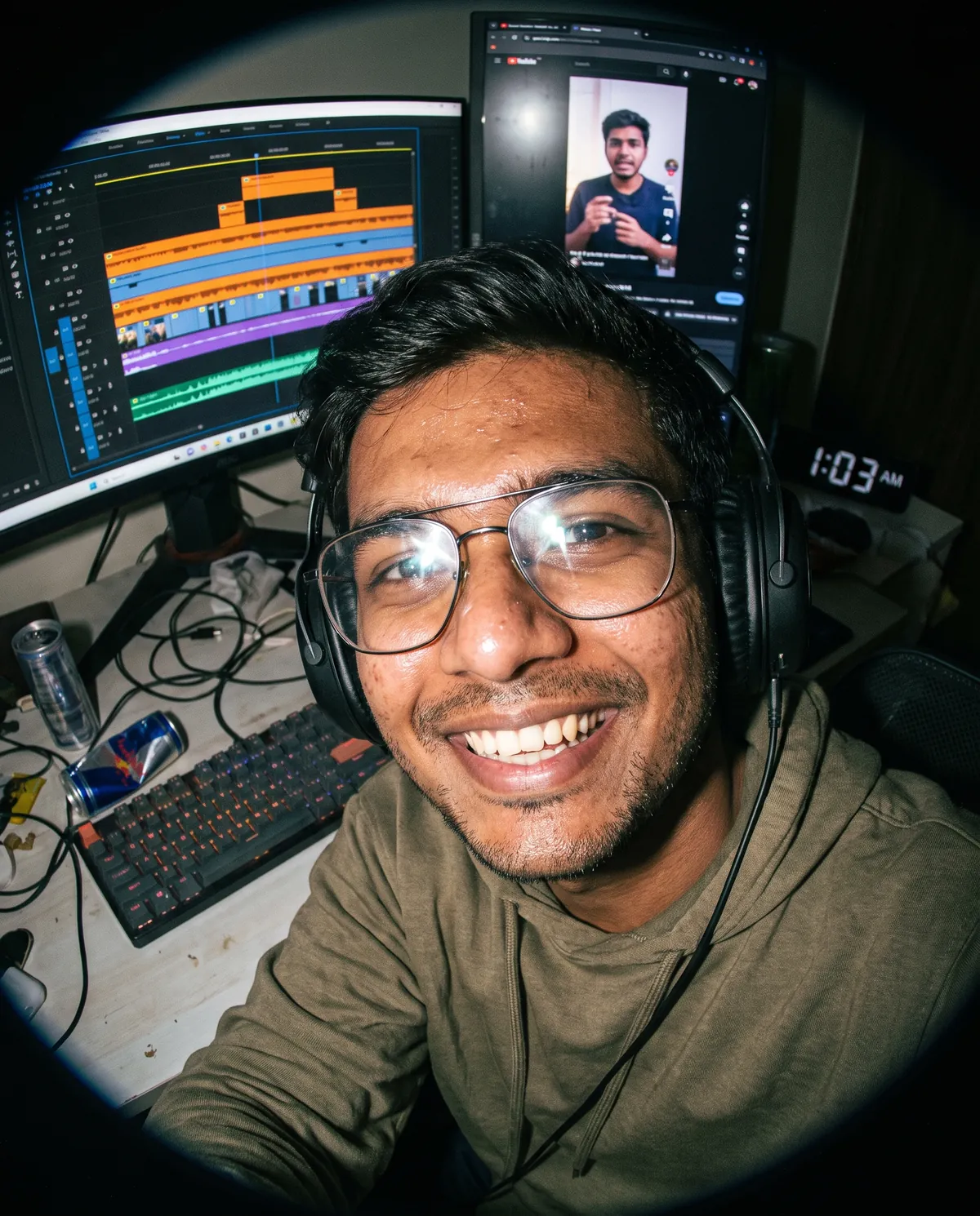 editor at dual monitors with a video editing timeline