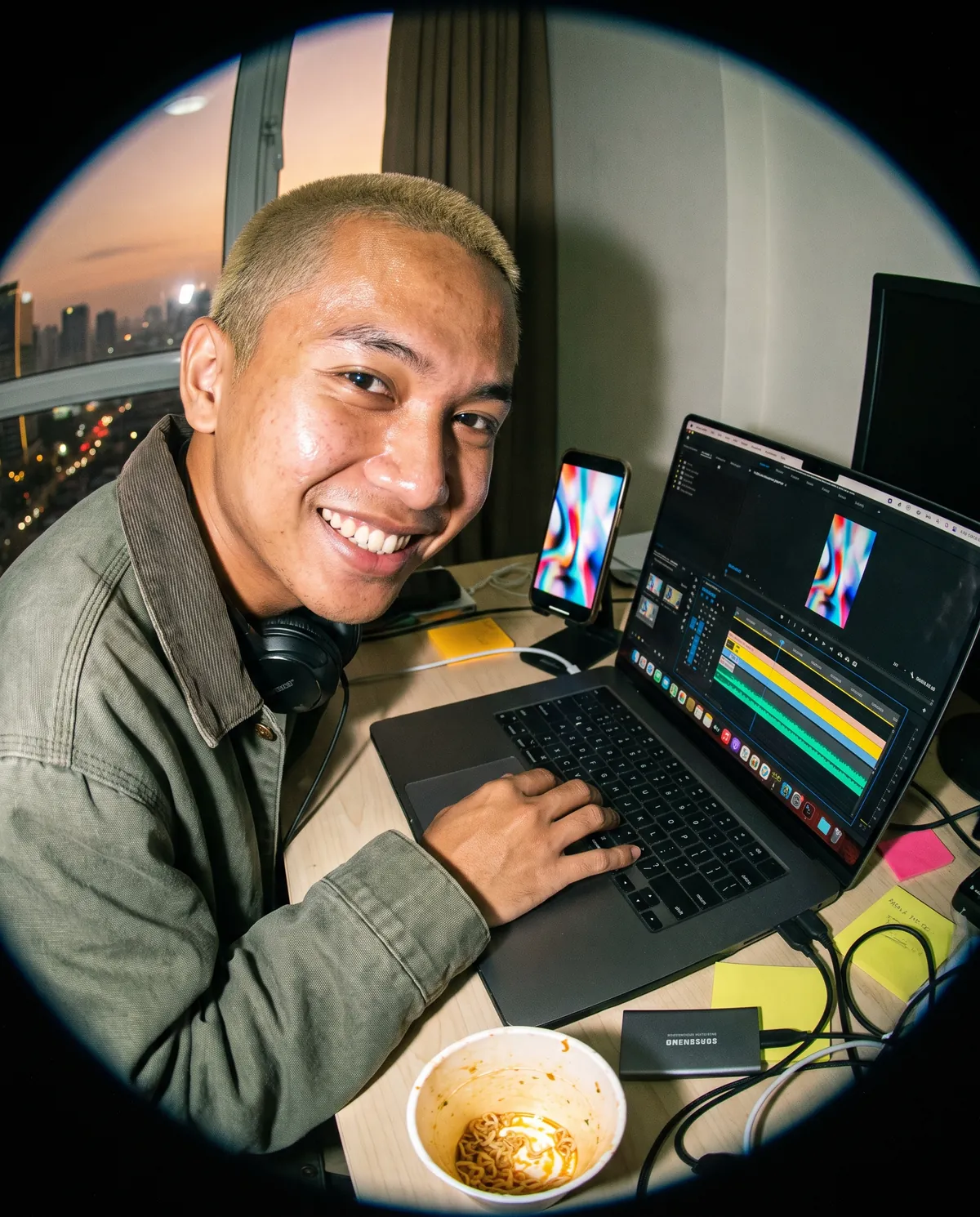 editor working on a laptop editing timeline with phone preview